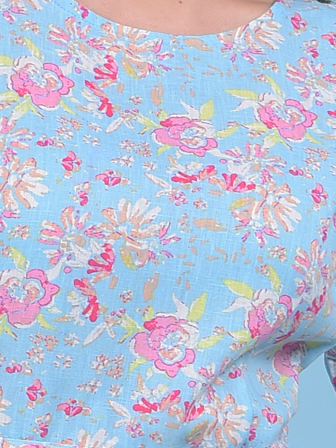 Blue Floral Print A-Line Dress-Women Dresses-Crimsoune Club