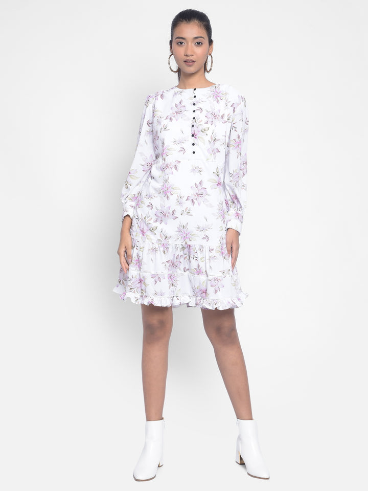 White Floral Knee Length Dress-Women Dresses-Crimsoune Club