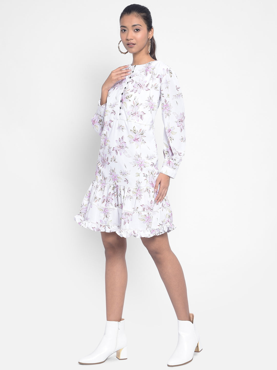 White Floral Knee Length Dress-Women Dresses-Crimsoune Club