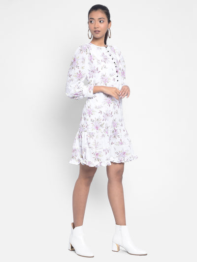 White Floral Knee Length Dress-Women Dresses-Crimsoune Club