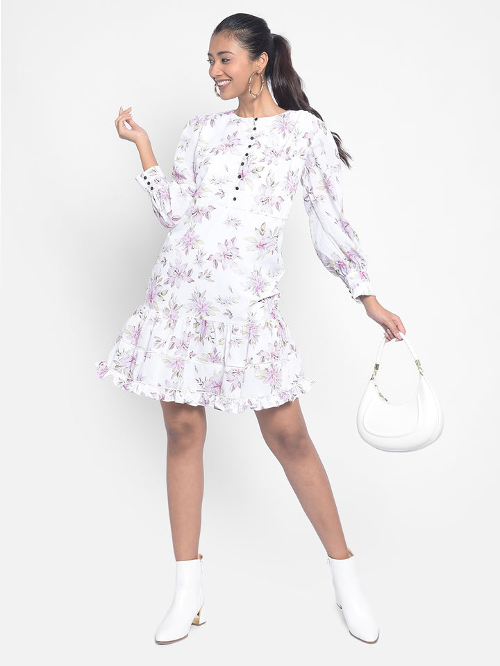 White Floral Knee Length Dress-Women Dresses-Crimsoune Club