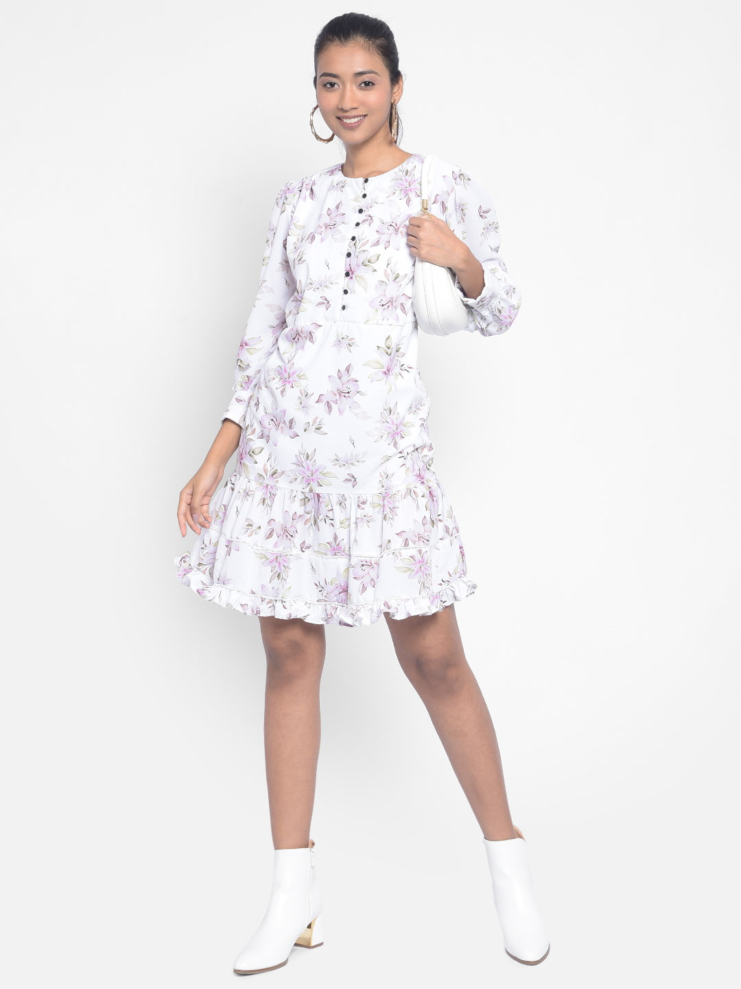 White Floral Knee Length Dress-Women Dresses-Crimsoune Club