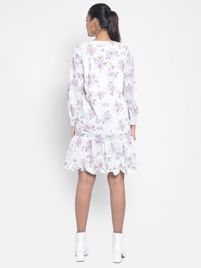 White Floral Knee Length Dress-Women Dresses-Crimsoune Club