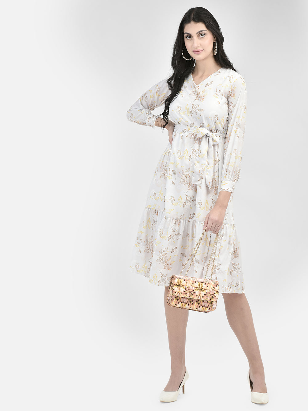 Off White Printed Knee Length Dress-Women Dresses-Crimsoune Club
