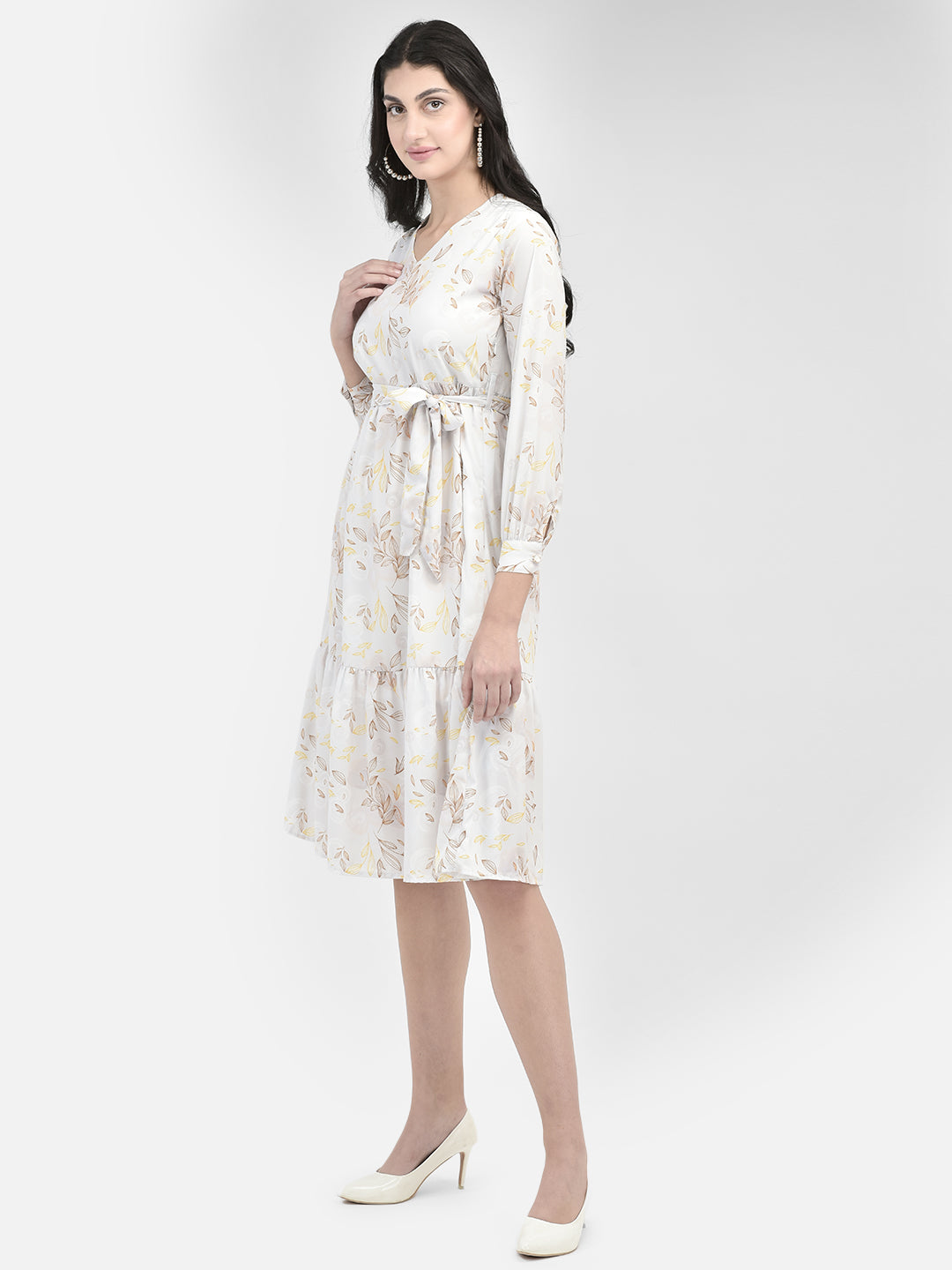 Off White Printed Knee Length Dress-Women Dresses-Crimsoune Club