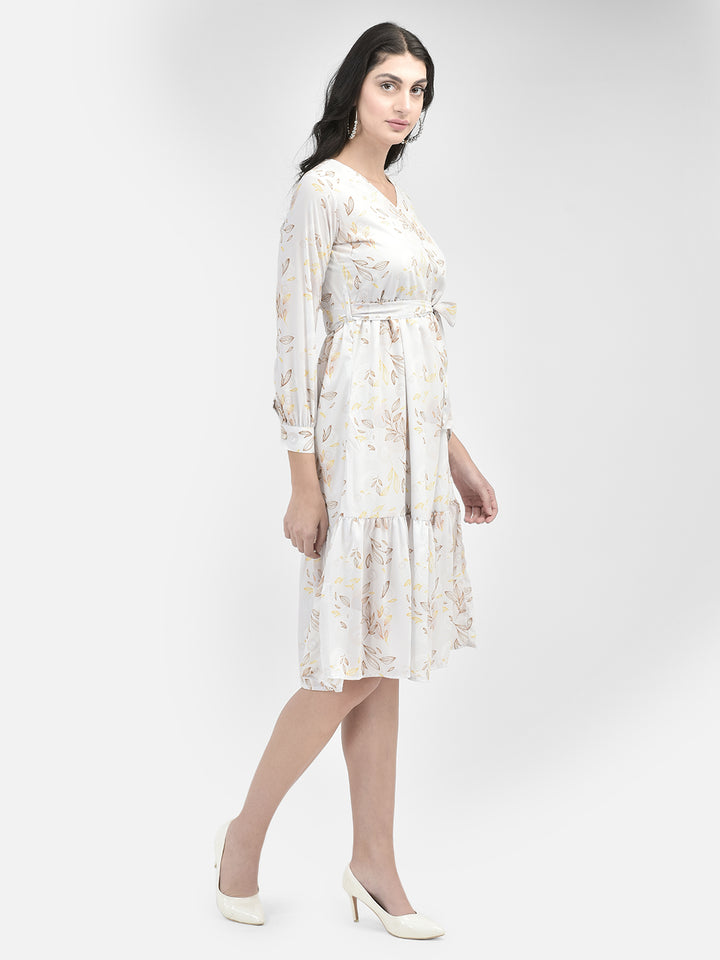 Off White Printed Knee Length Dress-Women Dresses-Crimsoune Club