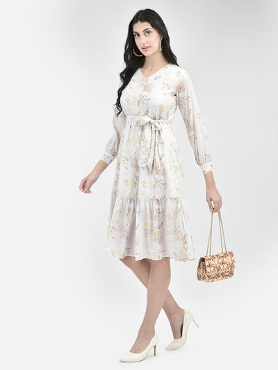 Off White Printed Knee Length Dress-Women Dresses-Crimsoune Club