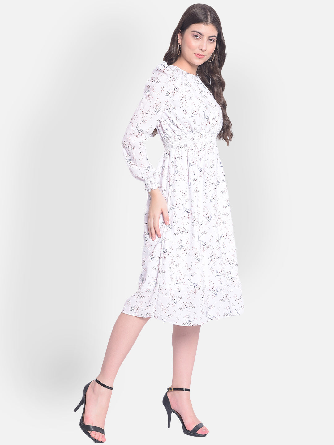 White Floral Midi Dress-Women Dresses-Crimsoune Club