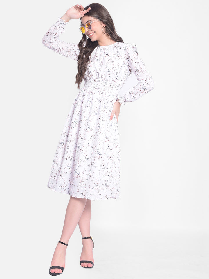 White Floral Midi Dress-Women Dresses-Crimsoune Club