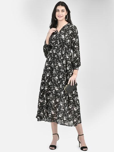 Black Floral Midi Dress-Women Dresses-Crimsoune Club