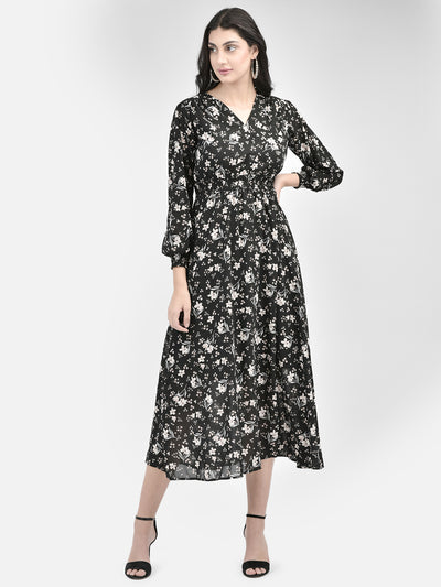 Black Floral Midi Dress-Women Dresses-Crimsoune Club