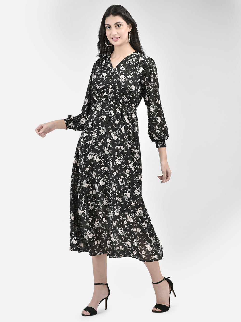 Black Floral Midi Dress-Women Dresses-Crimsoune Club