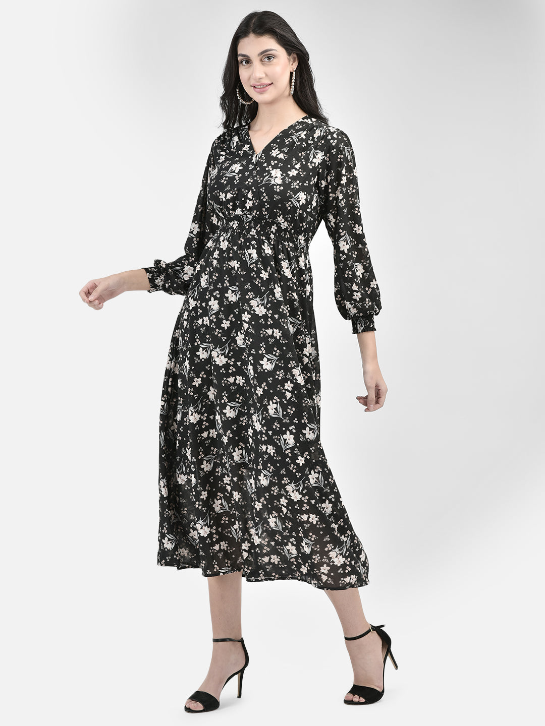 Black Floral Midi Dress-Women Dresses-Crimsoune Club