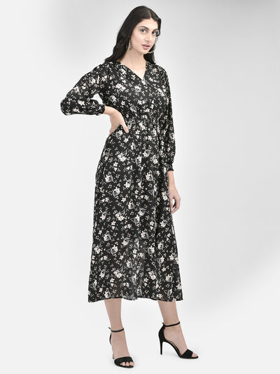 Black Floral Midi Dress-Women Dresses-Crimsoune Club