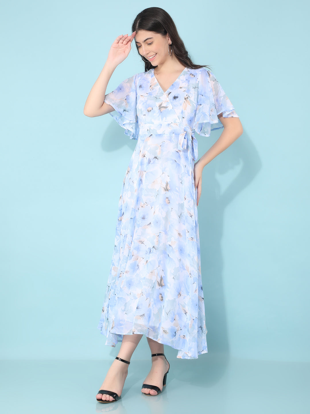 Blue Floral Print & Flare Dress-Women Dresses-Crimsoune Club