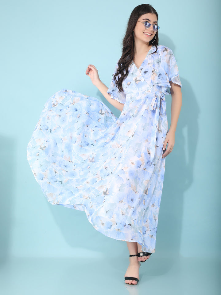 Blue Floral Print & Flare Dress-Women Dresses-Crimsoune Club