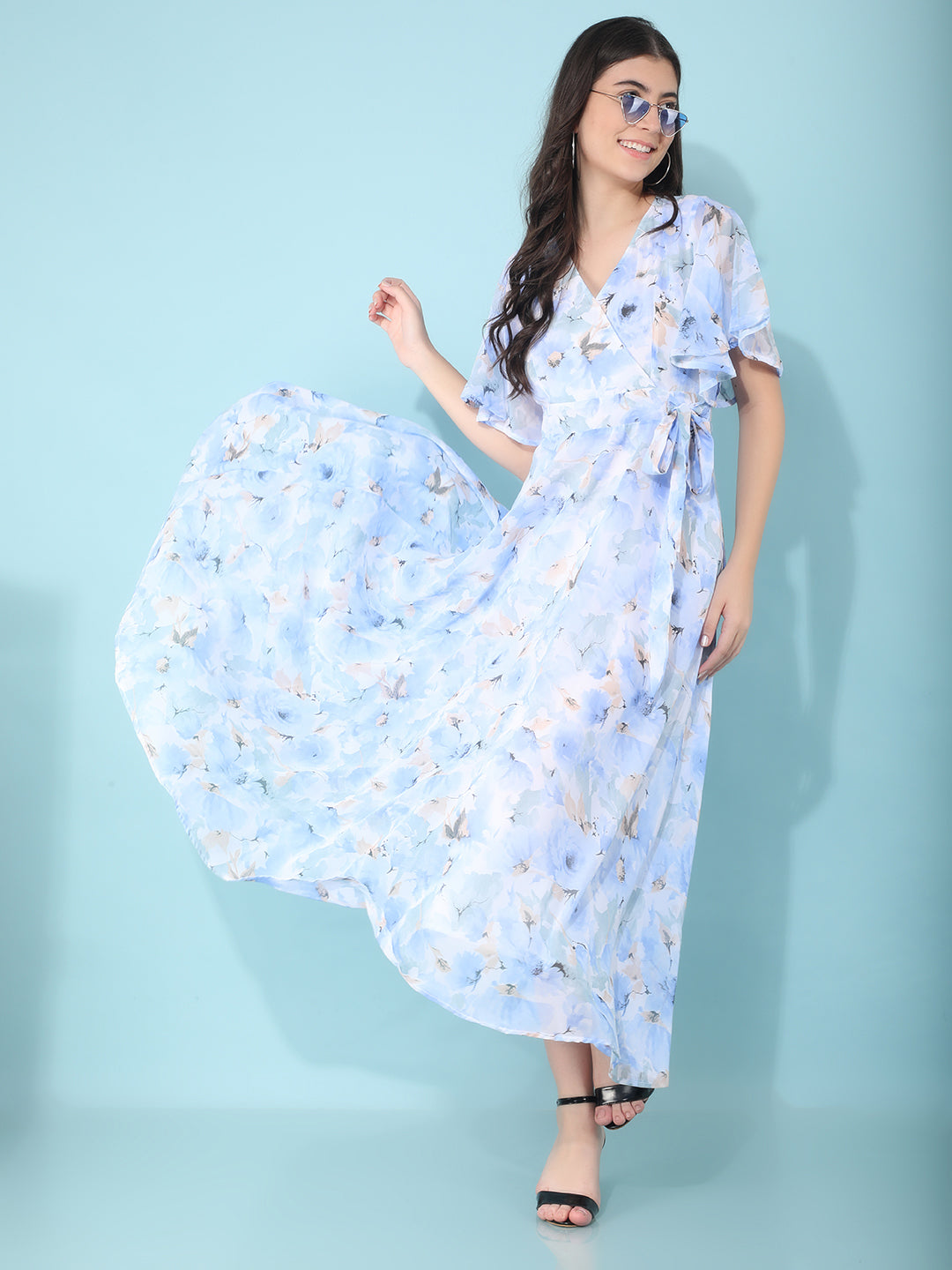 Blue Floral Print & Flare Dress-Women Dresses-Crimsoune Club