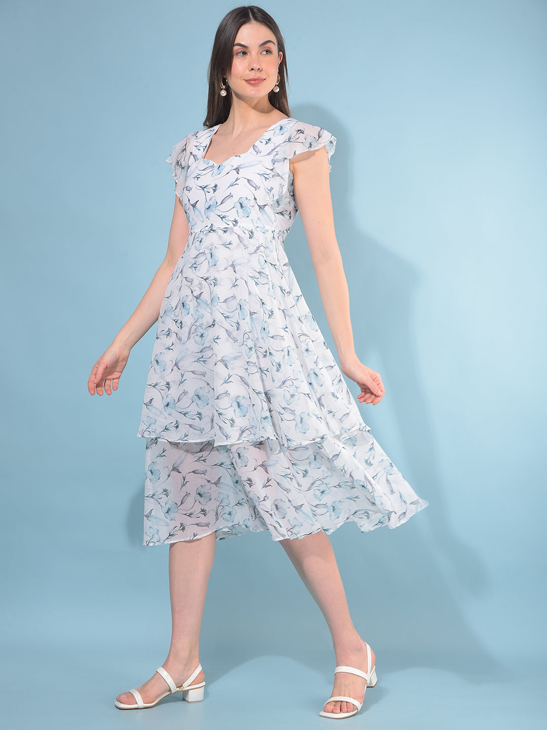 White Floral Print A-Line Dress-Women Dresses-Crimsoune Club