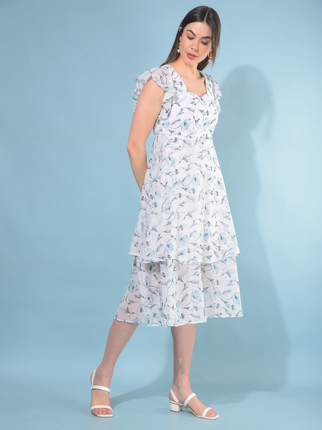 White Floral Print A-Line Dress-Women Dresses-Crimsoune Club