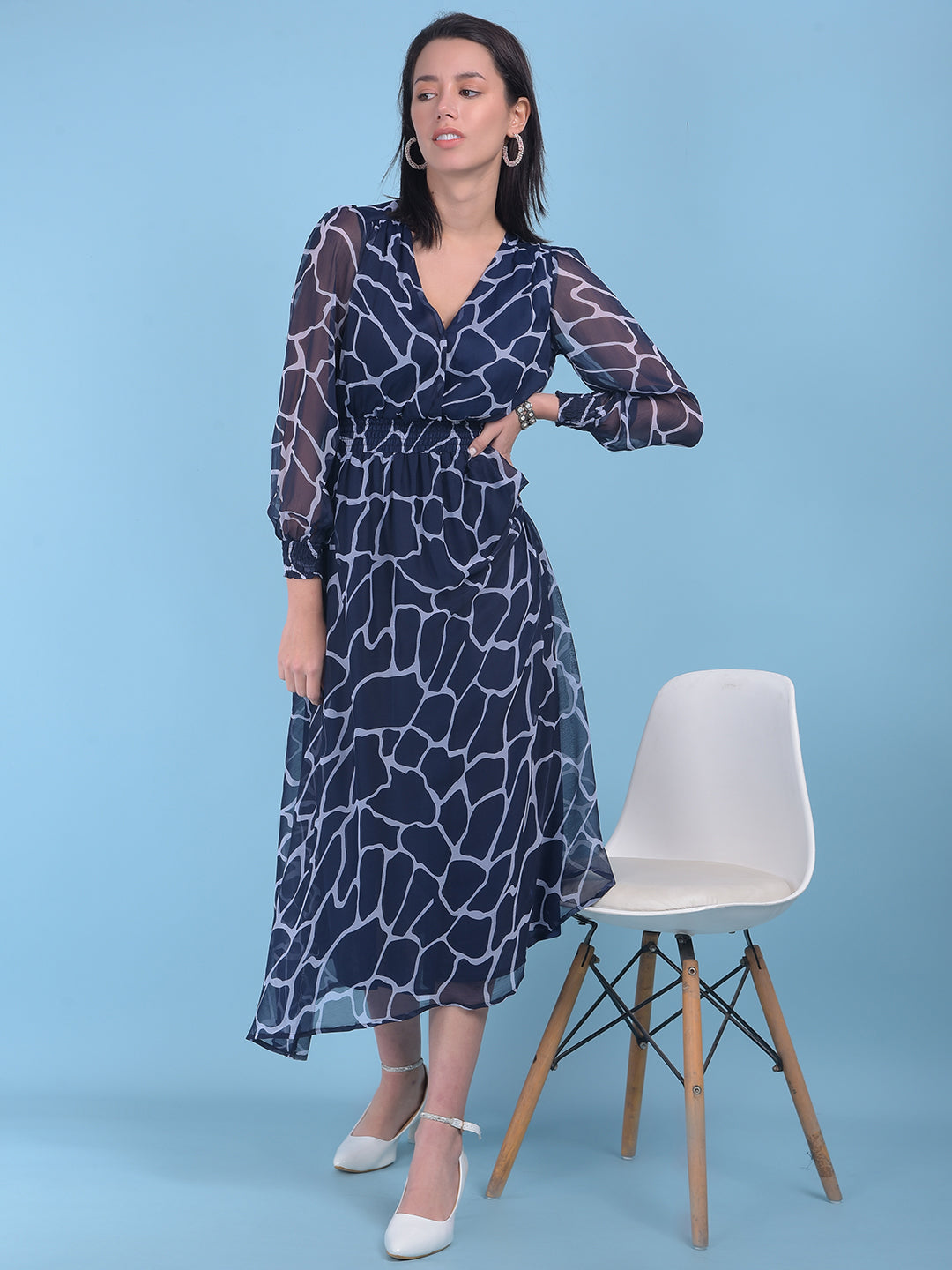 Navy Blue Abstract Print A-Line Dress-Women Dresses-Crimsoune Club