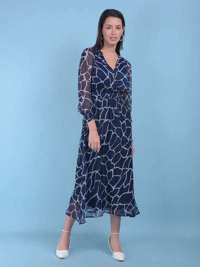 Navy Blue Abstract Print A-Line Dress-Women Dresses-Crimsoune Club