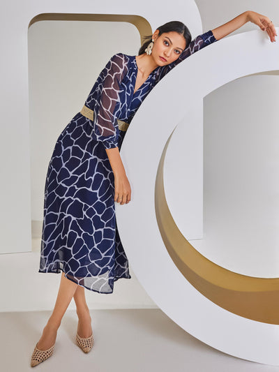 Navy Blue Abstract Print A-Line Dress-Women Dresses-Crimsoune Club