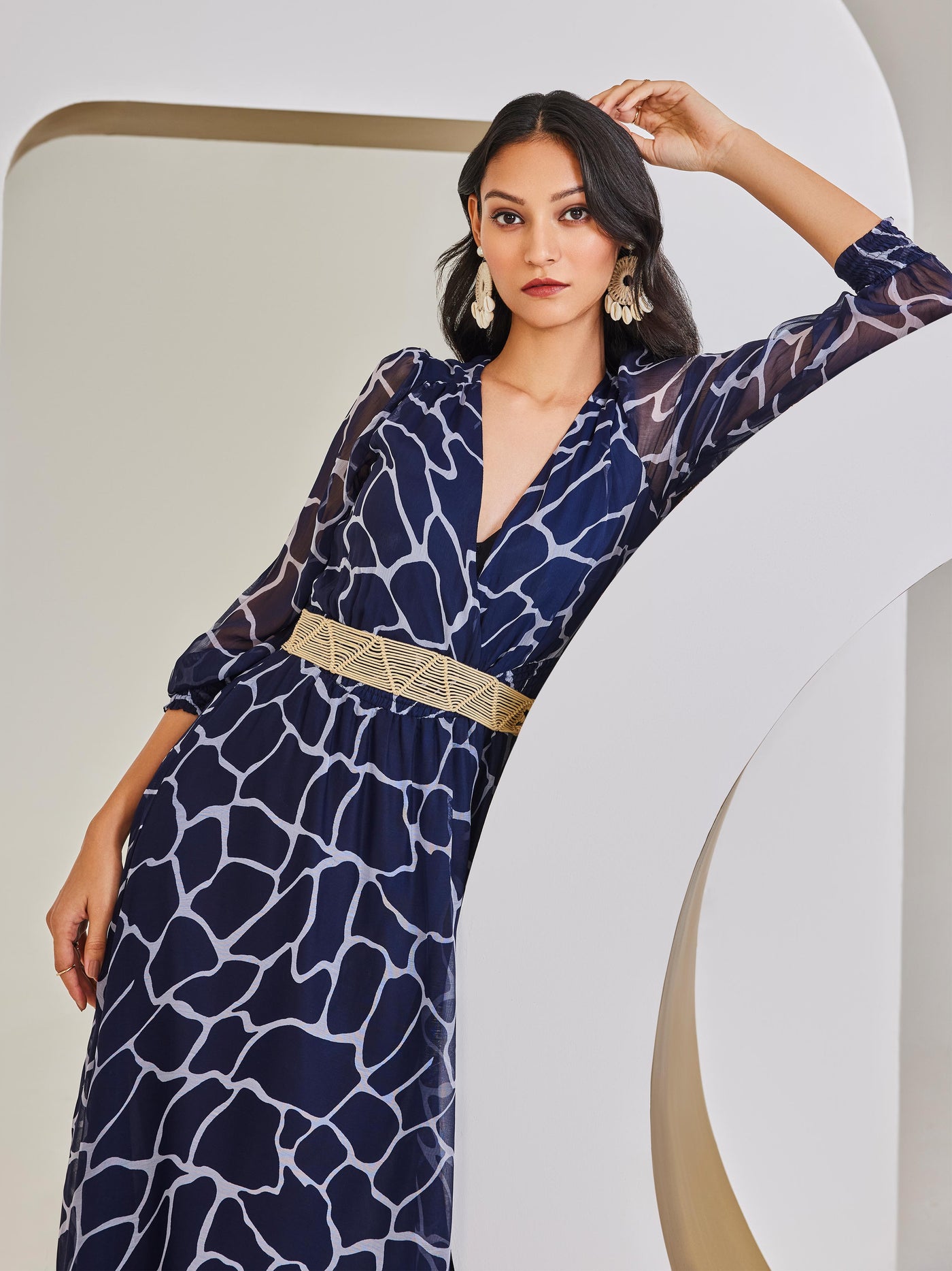 Navy Blue Abstract Print A-Line Dress-Women Dresses-Crimsoune Club