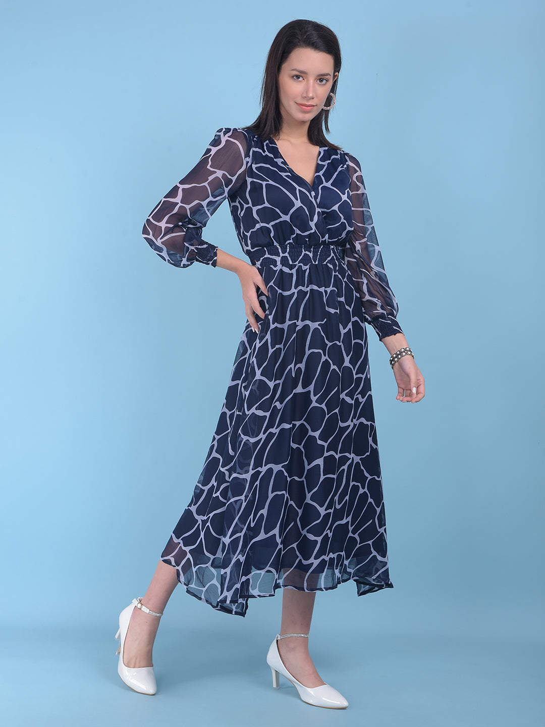 Navy Blue Abstract Print A-Line Dress-Women Dresses-Crimsoune Club