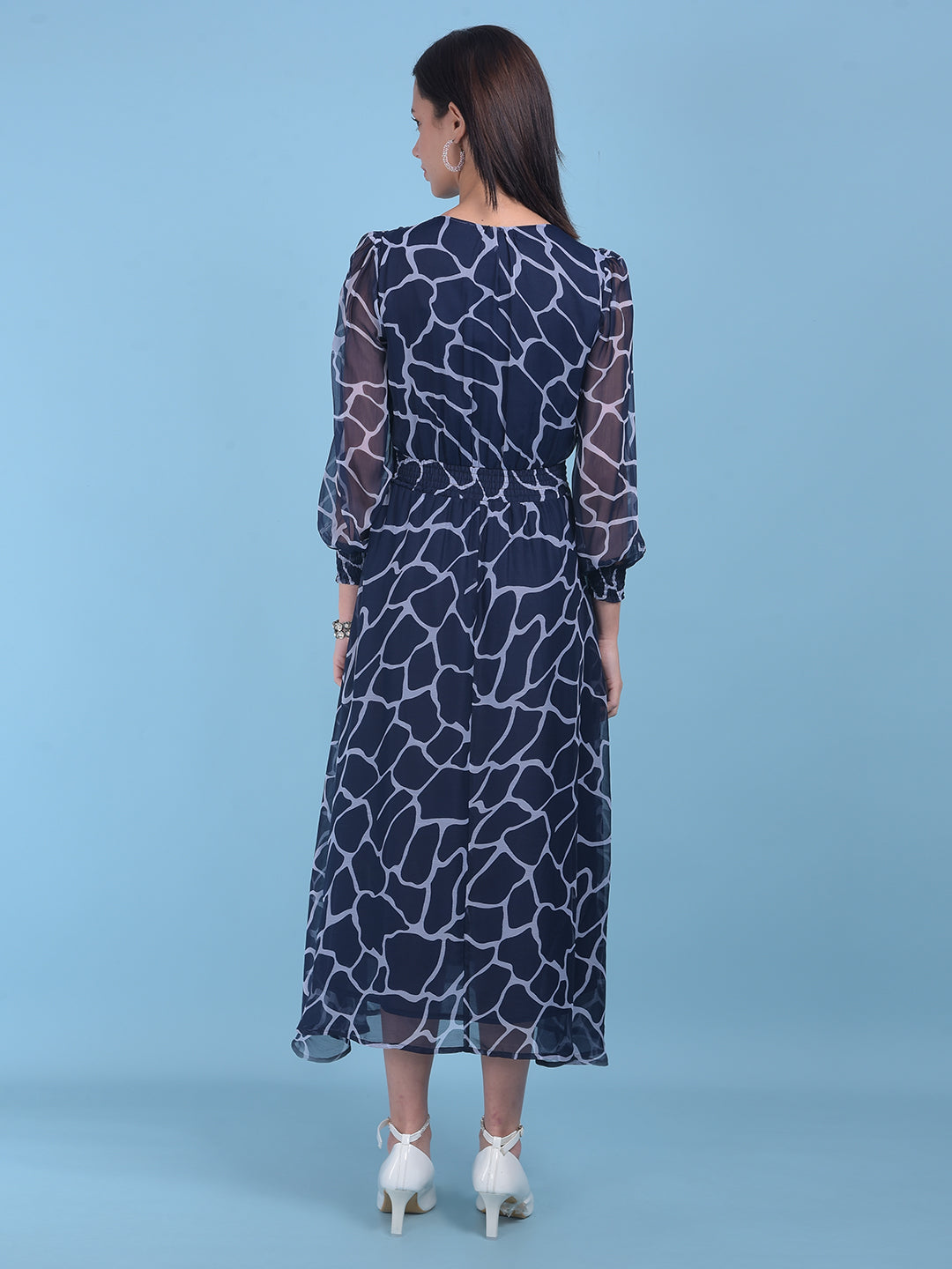 Navy Blue Abstract Print A-Line Dress-Women Dresses-Crimsoune Club