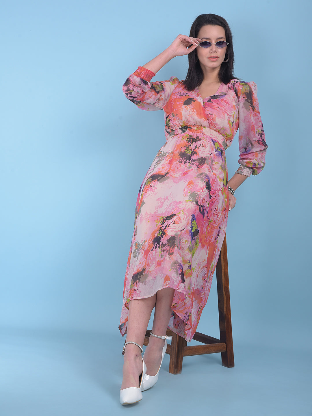 Pink Floral Print A-Line Dress-Women Dresses-Crimsoune Club