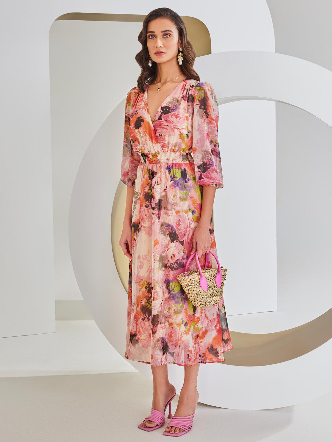 Pink Floral Print A-Line Dress-Women Dresses-Crimsoune Club