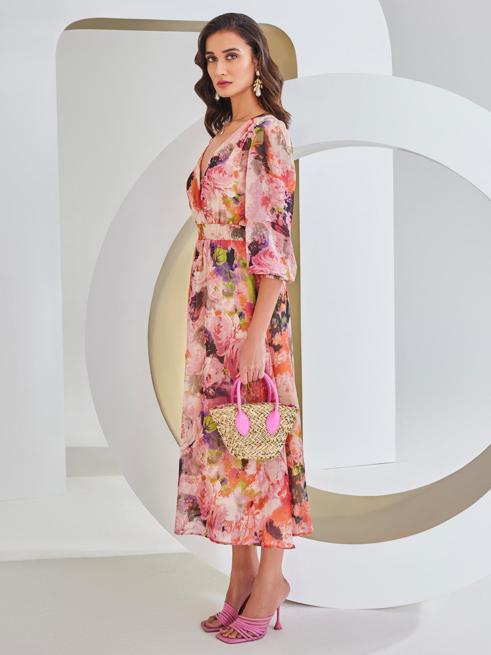 Pink Floral Print A-Line Dress-Women Dresses-Crimsoune Club