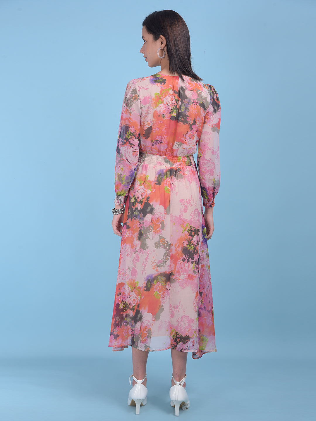 Pink Floral Print A-Line Dress-Women Dresses-Crimsoune Club