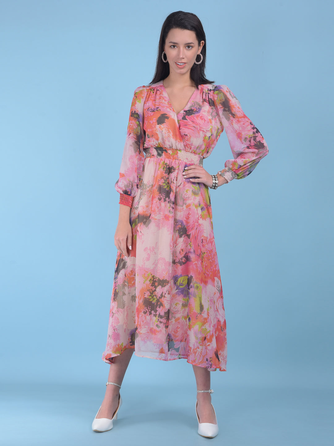 Pink Floral Print A-Line Dress-Women Dresses-Crimsoune Club