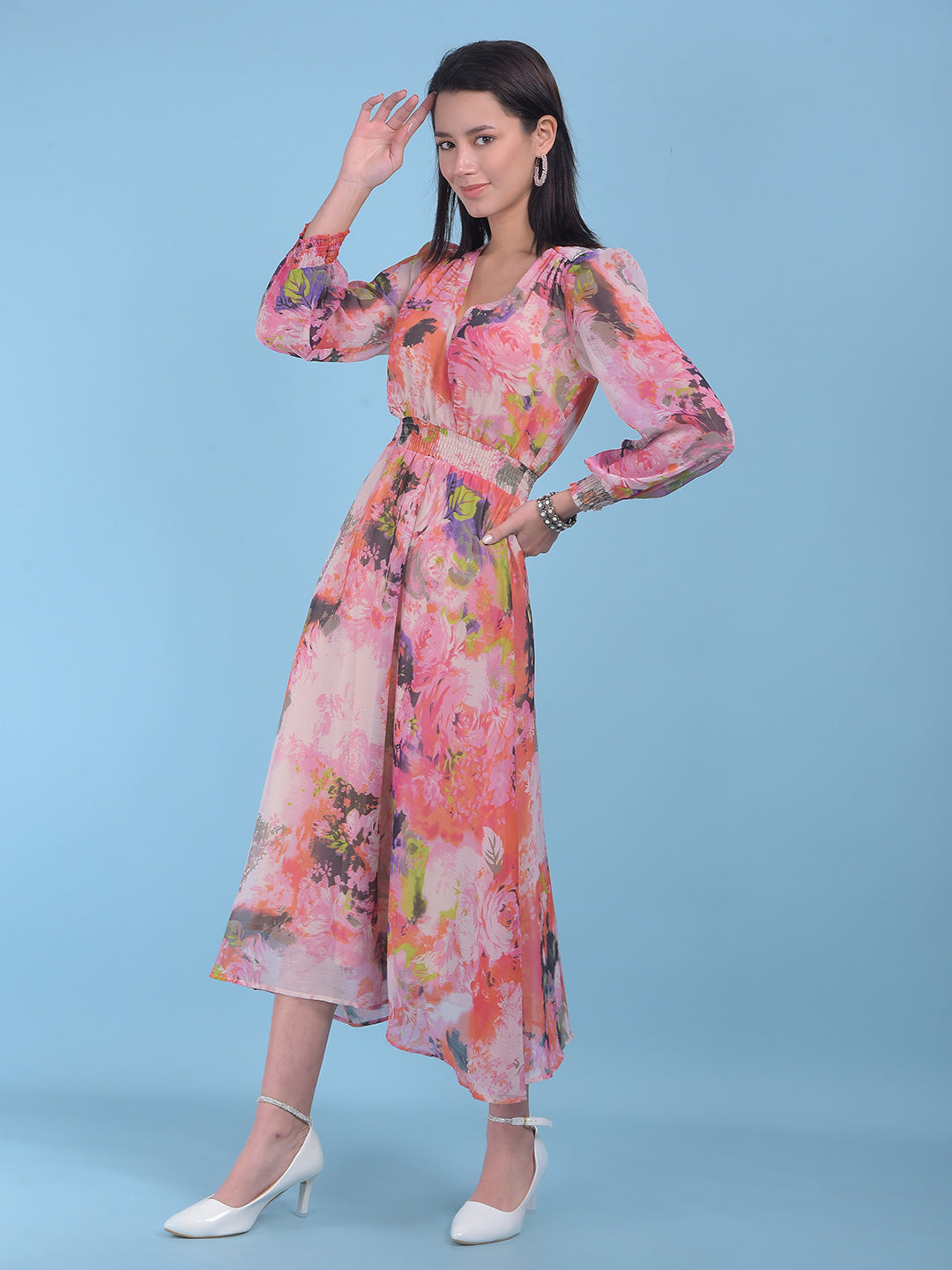 Pink Floral Print A-Line Dress-Women Dresses-Crimsoune Club
