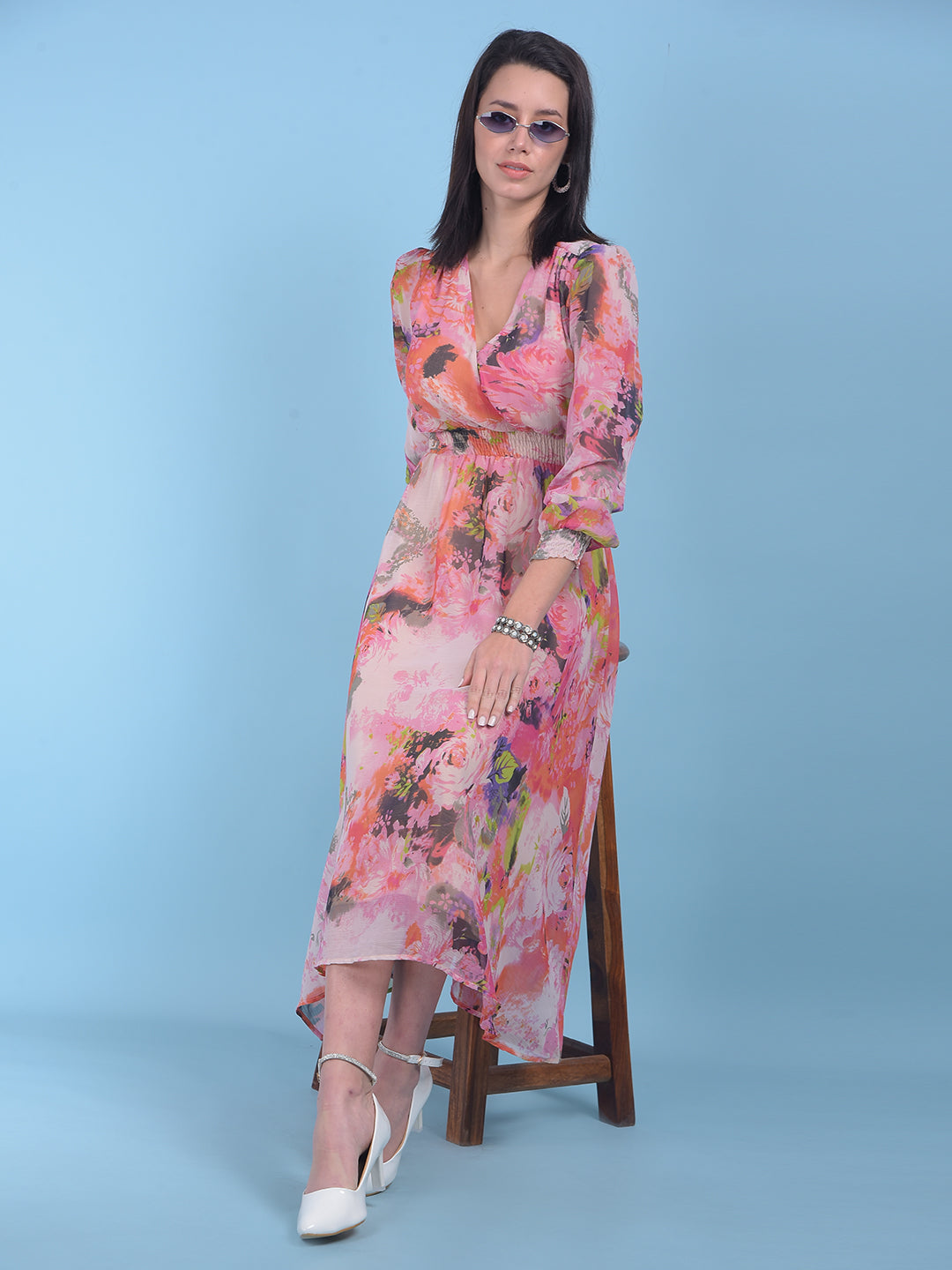 Pink Floral Print A-Line Dress-Women Dresses-Crimsoune Club