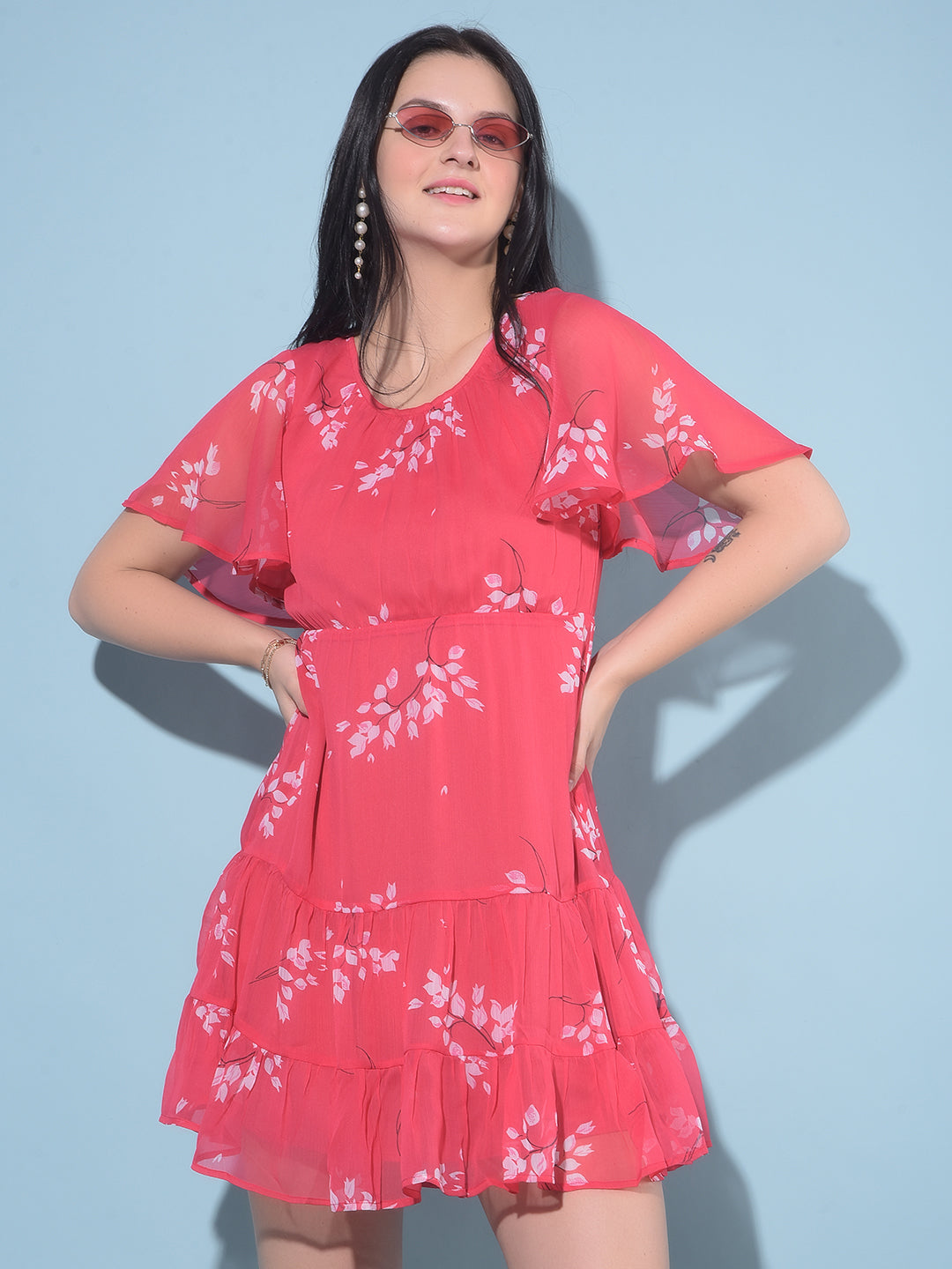 Red Floral Print A-Line Dress-Women Dresses-Crimsoune Club