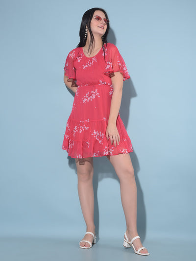 Red Floral Print A-Line Dress-Women Dresses-Crimsoune Club