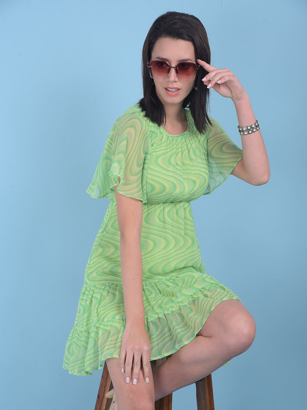 Green Abstract Print A-Line Dress-Women Dresses-Crimsoune Club