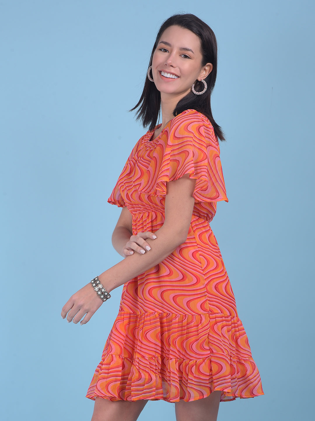Orange Abstract Print A-Line Dress-Women Dresses-Crimsoune Club