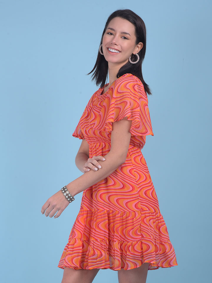 Orange Abstract Print A-Line Dress-Women Dresses-Crimsoune Club