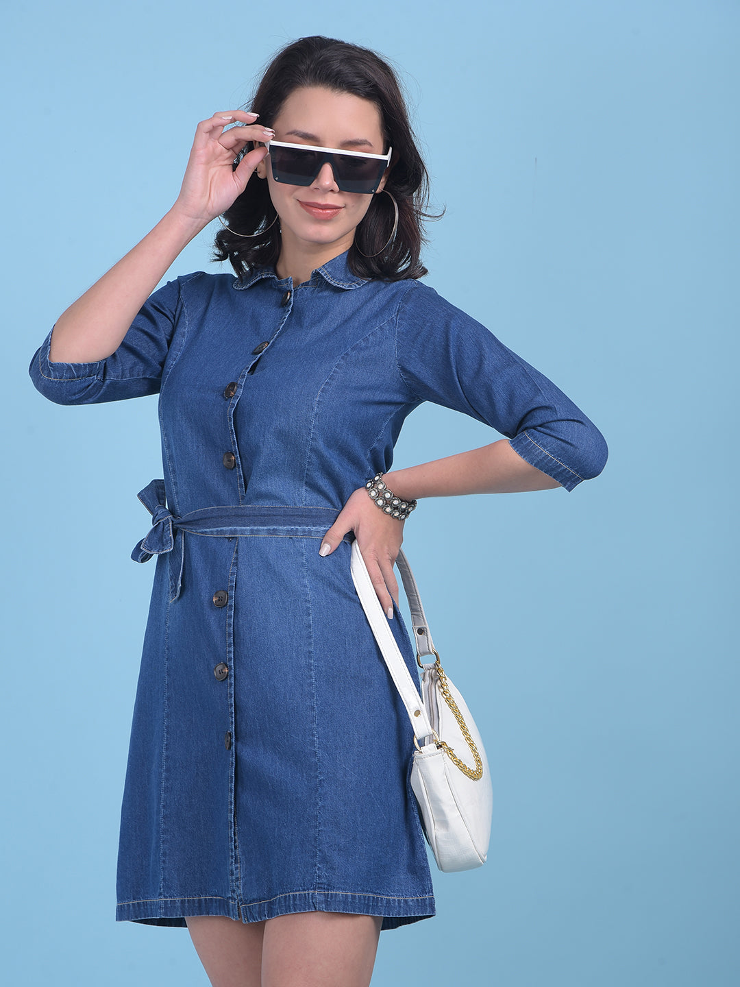 Blue Denim Dress-Women Dresses-Crimsoune Club