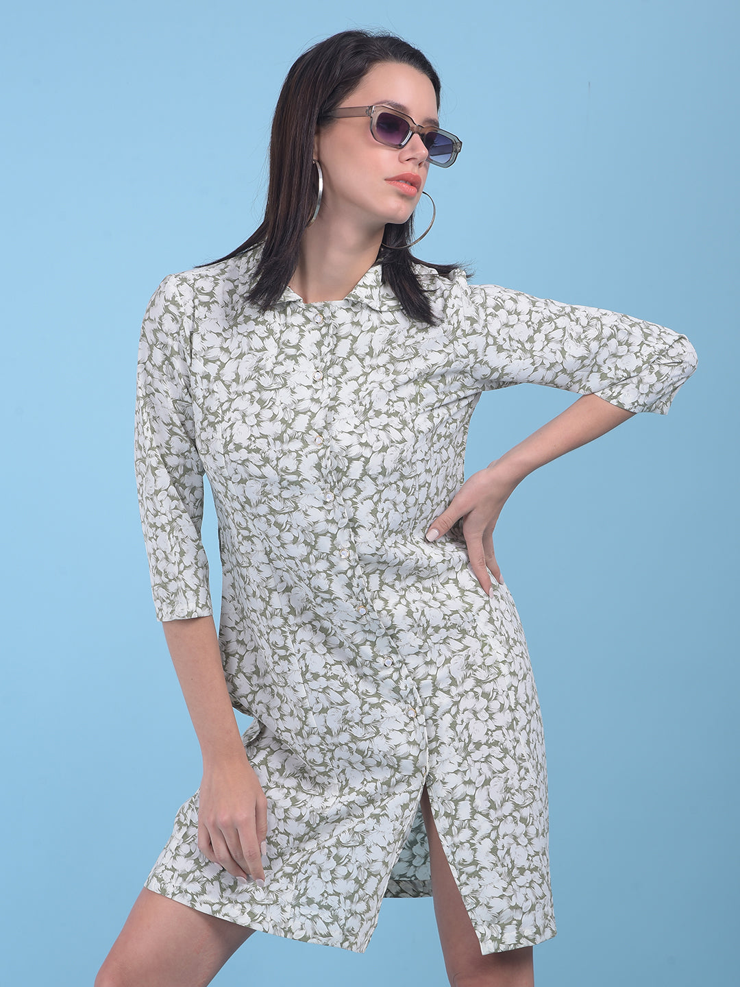 Green Floral Print Shirt Dress-Women Dresses-Crimsoune Club