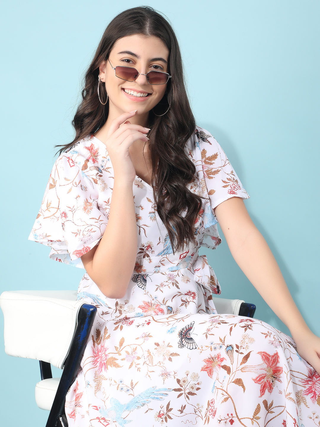 White Floral Print A-Line Dress-Women Dresses-Crimsoune Club