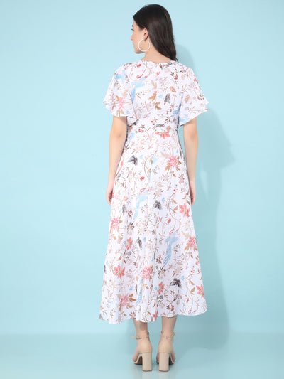 White Floral Print A-Line Dress-Women Dresses-Crimsoune Club