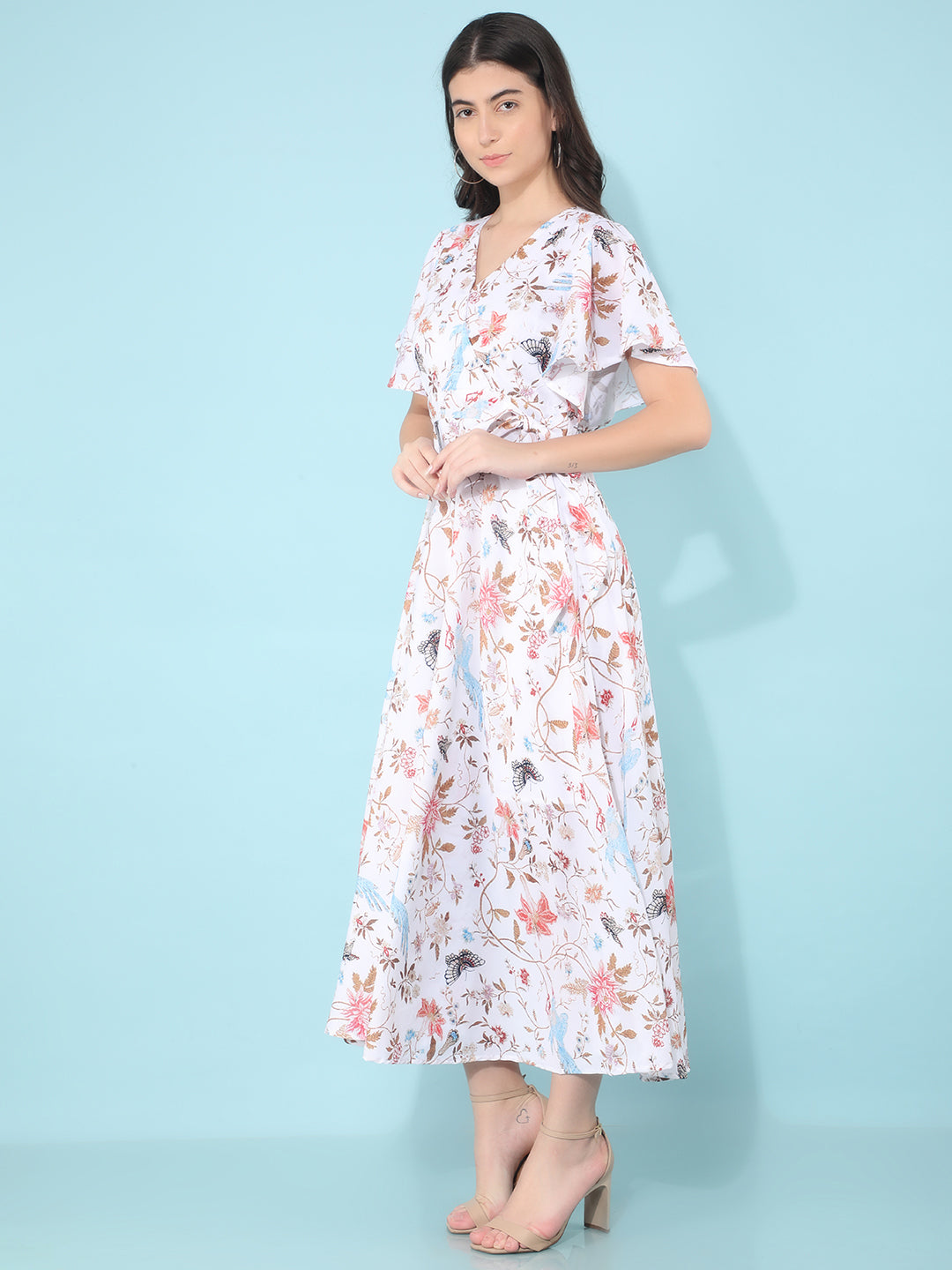 White Floral Print A-Line Dress-Women Dresses-Crimsoune Club