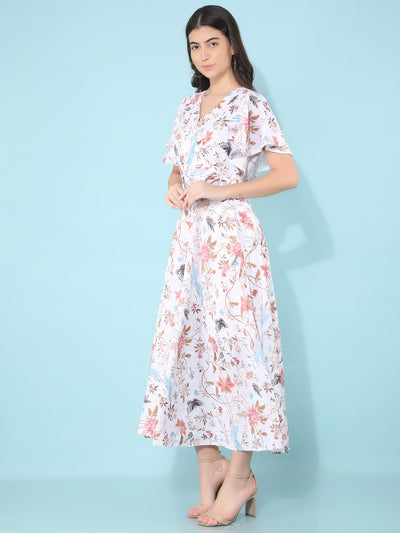 White Floral Print A-Line Dress-Women Dresses-Crimsoune Club