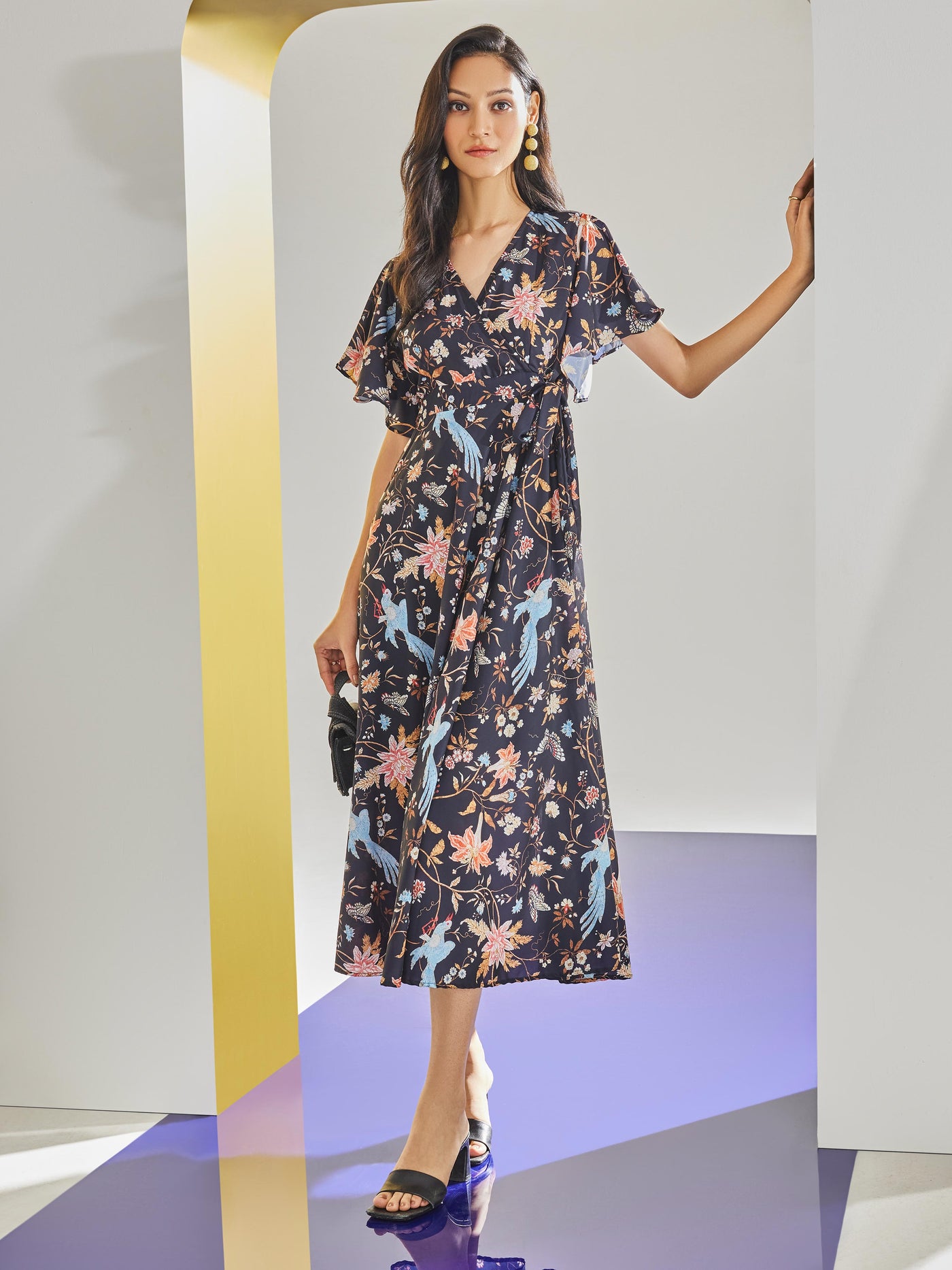 Black Floral Print A-Line Dress-Women Dresses-Crimsoune Club