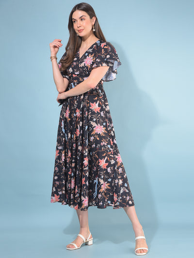 Black Floral Print A-Line Dress-Women Dresses-Crimsoune Club