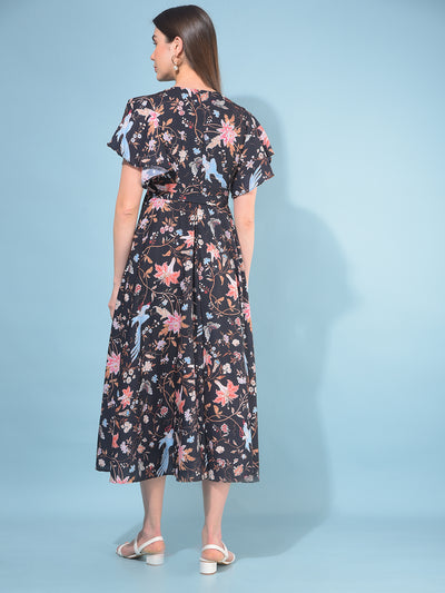 Black Floral Print A-Line Dress-Women Dresses-Crimsoune Club